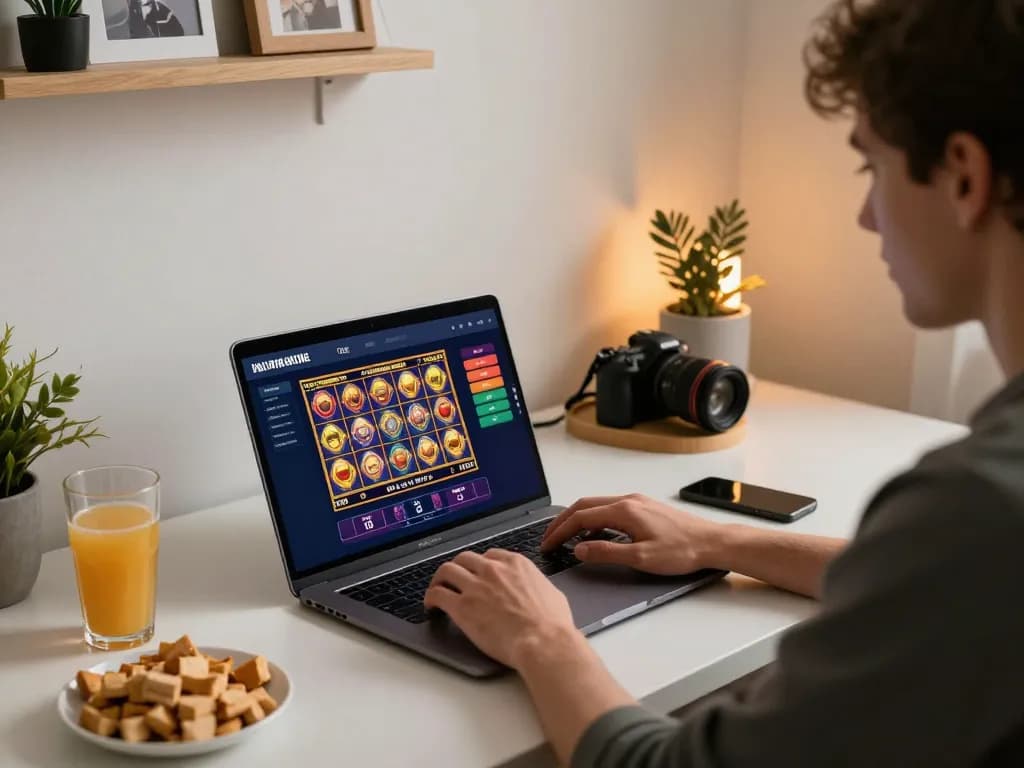 Fly88 gamer exploring slot games on a laptop in a stylish modern setup