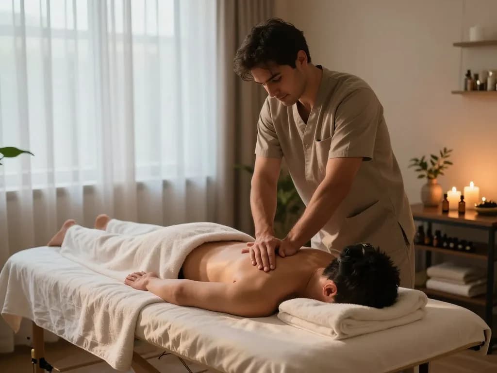 포항스웨디시 마사지 치료 장면, 남성 치료사가 고요한 환경에서 편안함을 제공하고 있습니다.