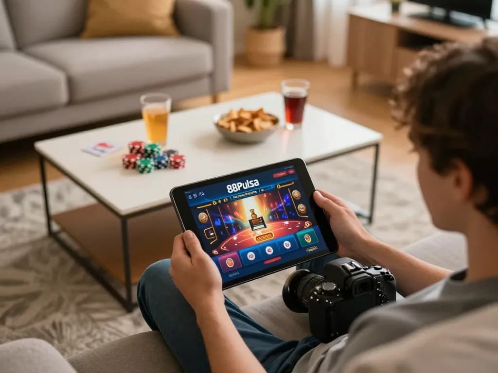 Permainan yang menarik dengan aplikasi 88Pulsa di tablet dalam suasana ruang tamu yang nyaman