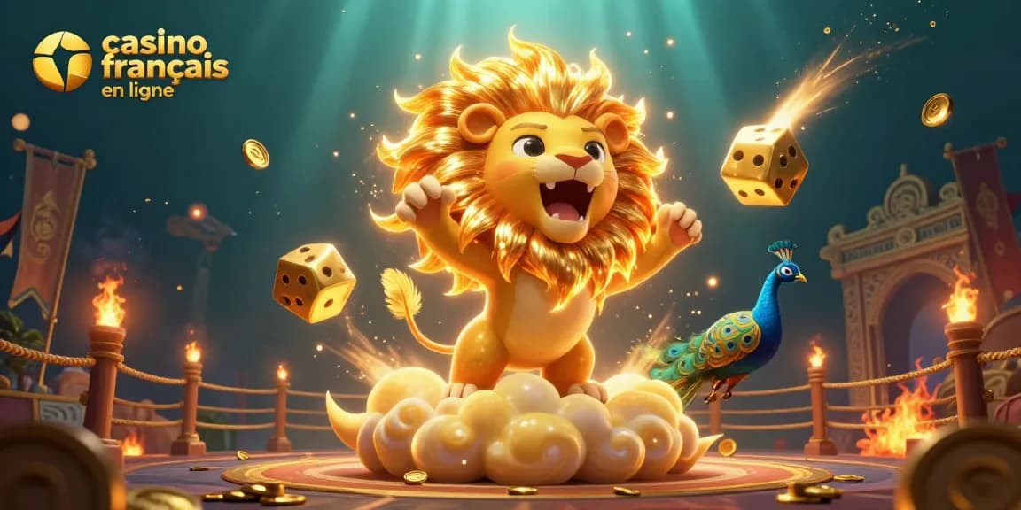 Jouez et gagnez dans notre casino français en ligne, mettant en scène un lion et des dés dorés.