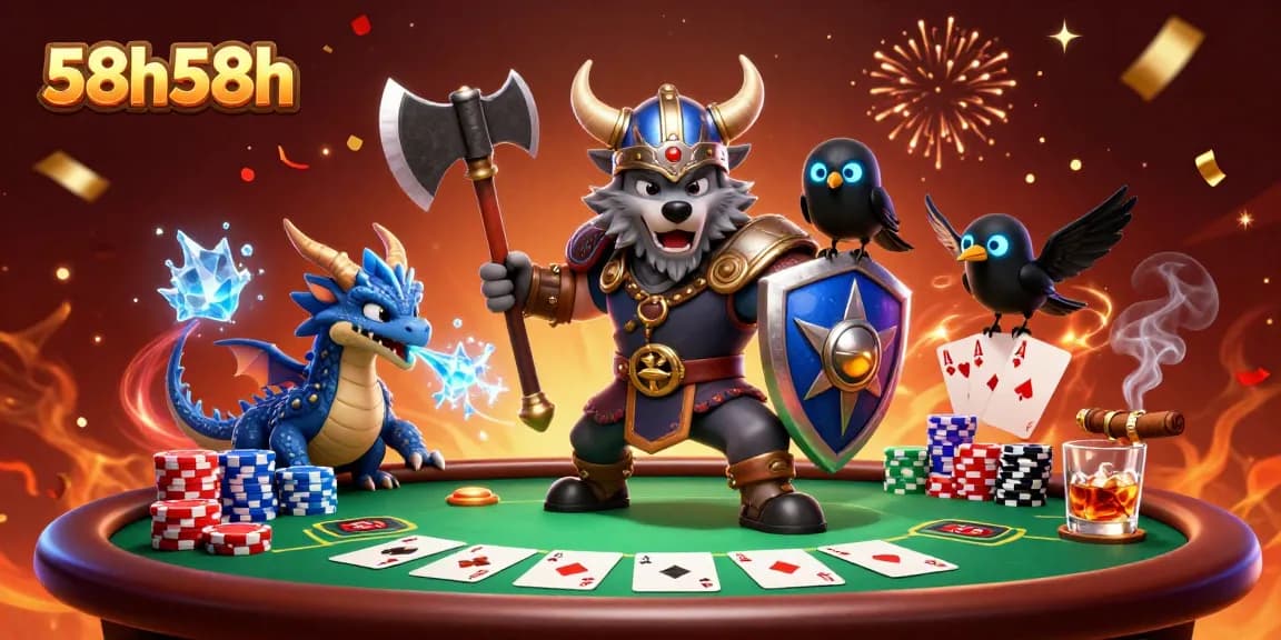 O 58h58h traz um guerreiro lobo em destaque, cercado por elementos de poker vibrantes.
