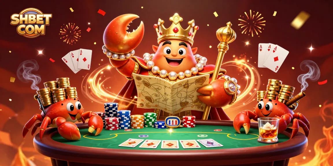 Join the excitement at SHBET COM as the golden crab emperor leads a dynamic poker scene with vibrant gaming elements.