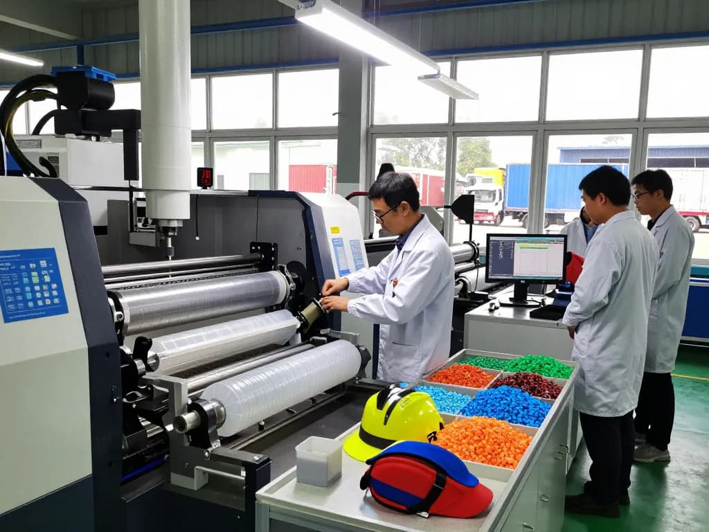 Bóc ép plastic tại hà nội in a professional manufacturing environment with engineers inspecting machinery.