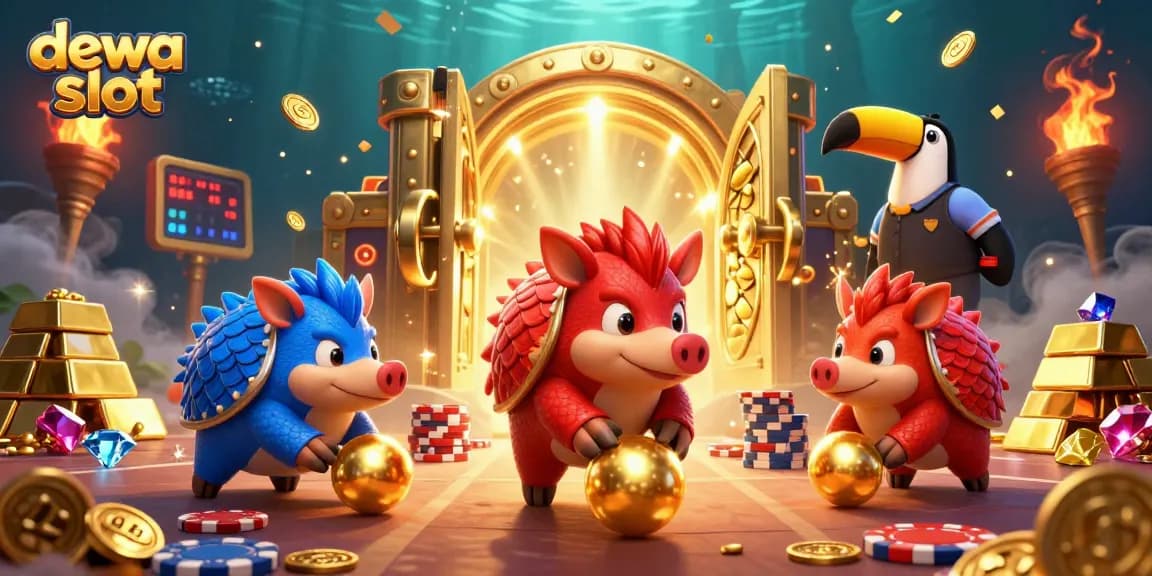 Dewa slot menyajikan persaingan seru antara pangolin merah dan biru dalam permainan slot yang megah.