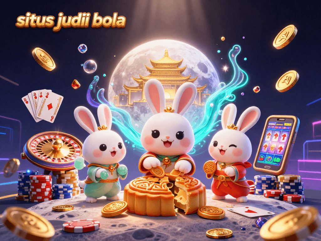 Experience the thrill at situs judi bola with a vibrant 3D scene of moon rabbits and casino action.