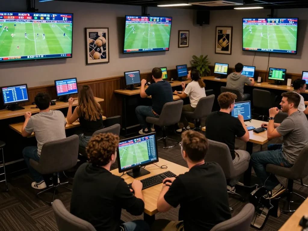 Fans cheering and placing bets at CAKHIATV sports betting lounge, capturing the high-energy atmosphere of live games