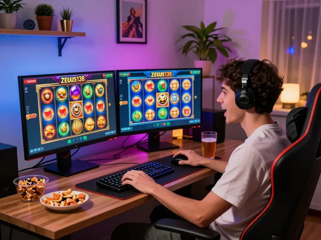 Exciting player enjoying Zeus138 online slot games in a vibrant home gaming setup with dual monitors.