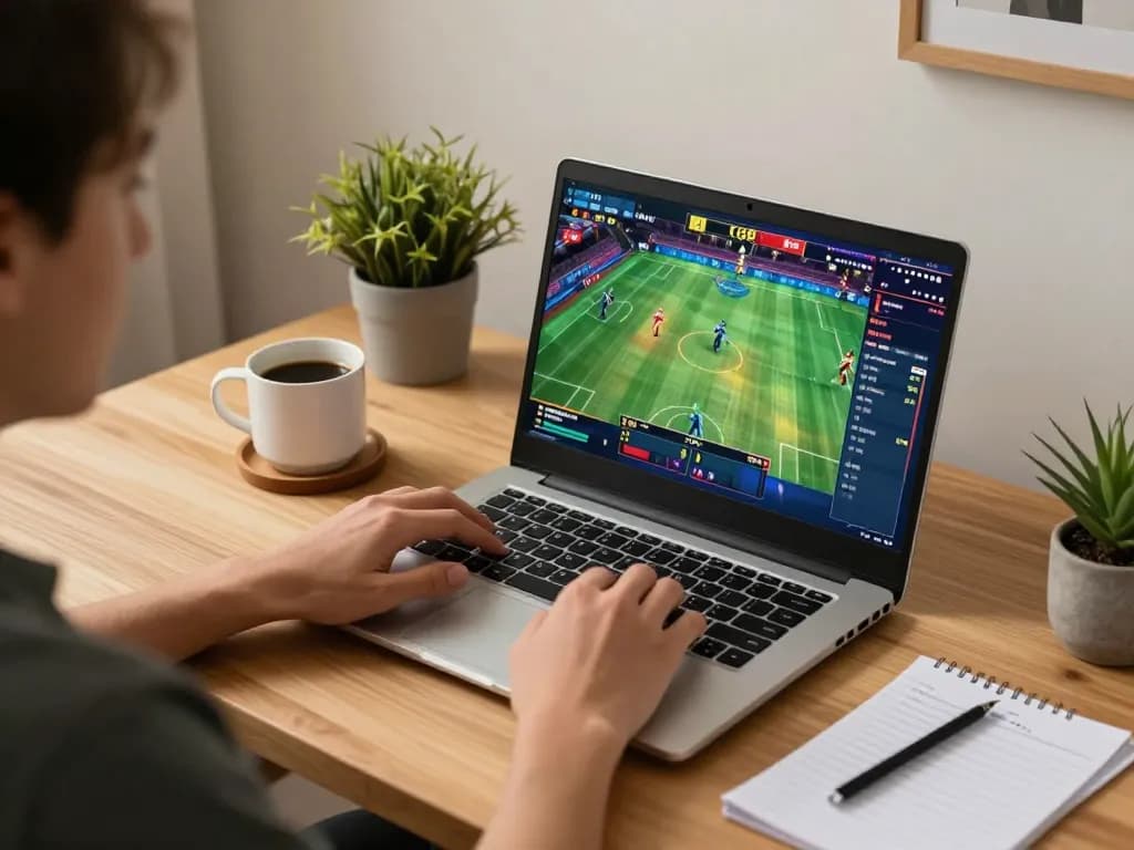 Engaged player using tg8 platform for sports betting in a cozy home office, showcasing responsible gambling.