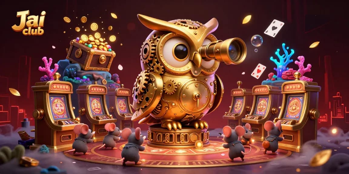Experience thrilling fun with Jai Club as a golden owl watches over a vibrant casino floor.