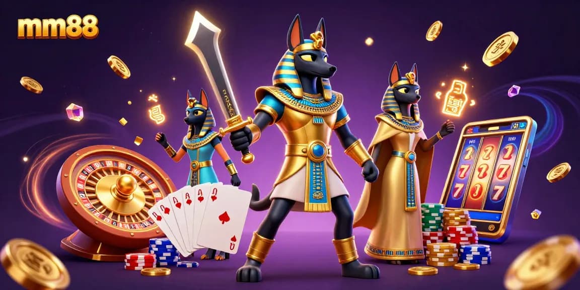 Experience thrilling gameplay at mm88 with Anubis and Bastet among cascading treasures and casino excitement.