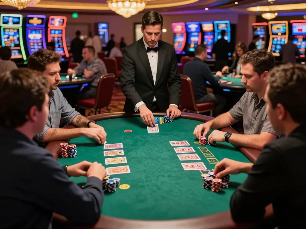 Engaged players at a blackjack table in a vibrant Vegas casino, focusing on VA88 betting strategies.