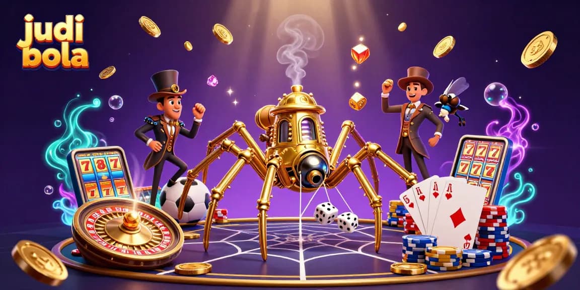 Engage in judi bola as a steampunk spider entangles dice with golden chains and sports elements.