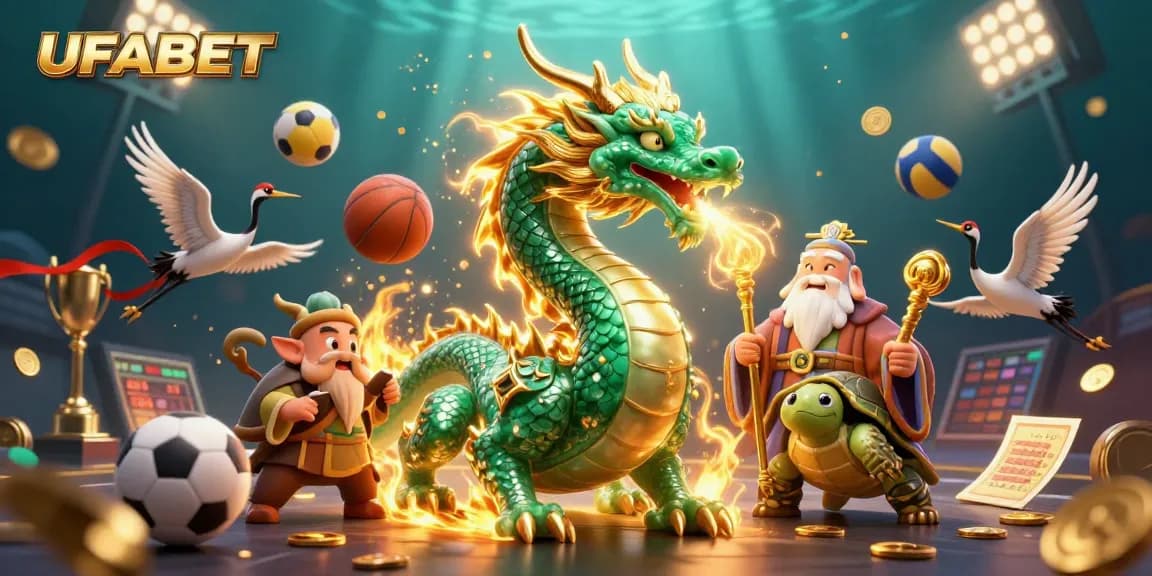 Engage in thrilling betting experiences at UFABET with vibrant casino characters and dynamic sports elements.