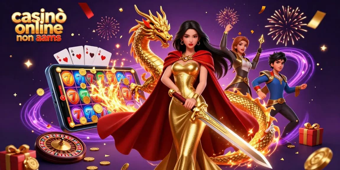 Partecipa a un'emozionante esperienza di gioco nei casinò online non AAMS con un'elegante regina guerriera in mezzo a vivaci elementi da casinò.