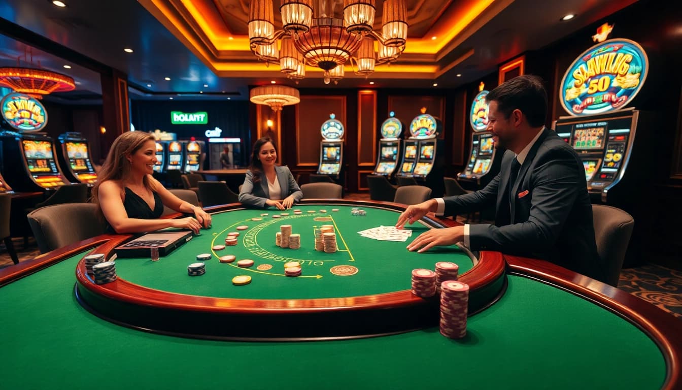 Exciting players at the gori77 blackjack table celebrate winnings with colorful chips.