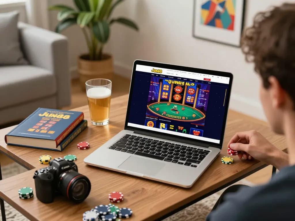 Player enjoying online gaming at Jun88, engaging with poker on a laptop in a cozy personal space.
