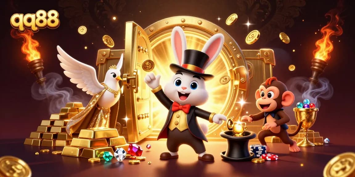 Engage with the qq88 casino experience featuring a magician, dove, and monkey amidst sparkling treasures.