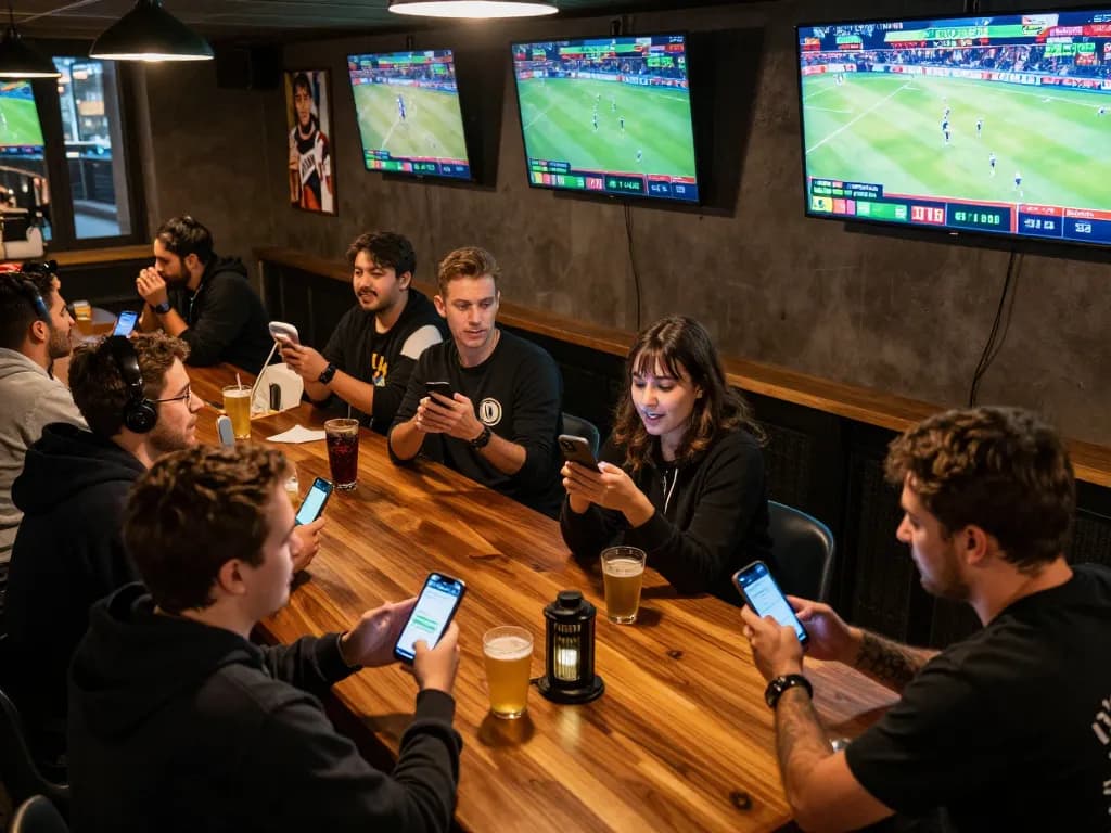 Exciting sports betting moment with patrons engaged in wagering on OKFUN at a vibrant sports bar