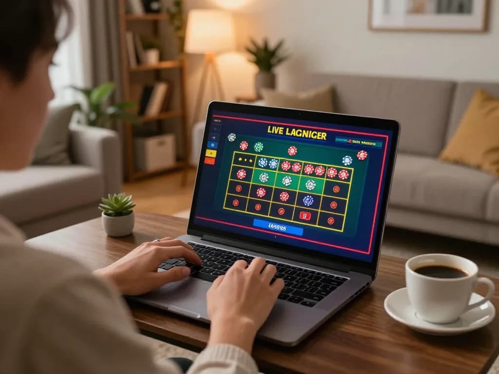 Engaging online roulette gameplay at home with FIVE88, showcasing vibrant casino action.