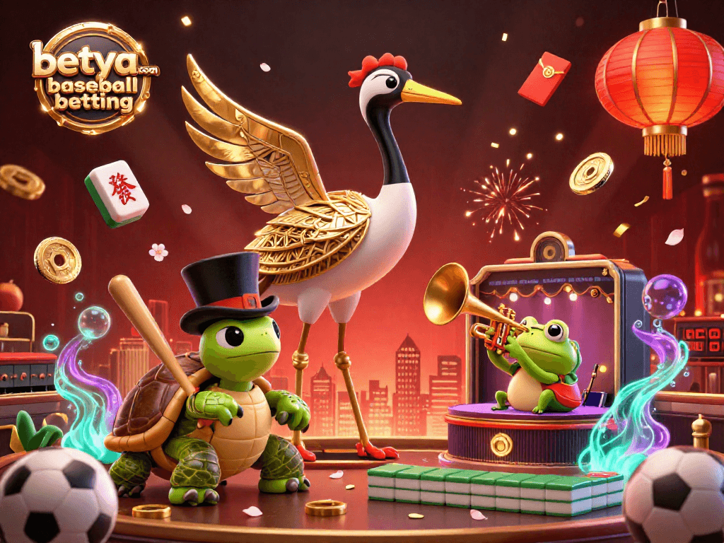 Engage in betya.com baseball betting with a vibrant scene featuring sports elements and lively characters.