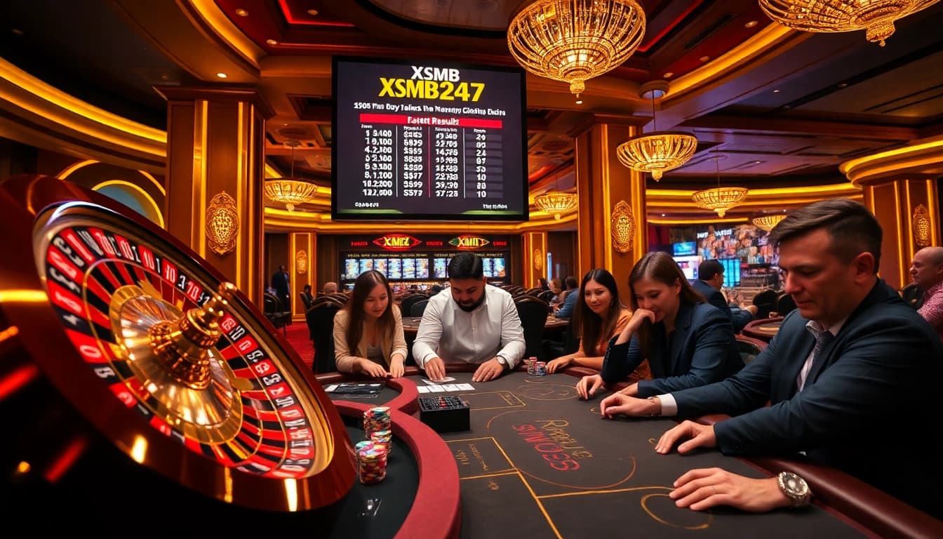 XSMB 247 results displayed at a luxurious poker table with vibrant casino elements.