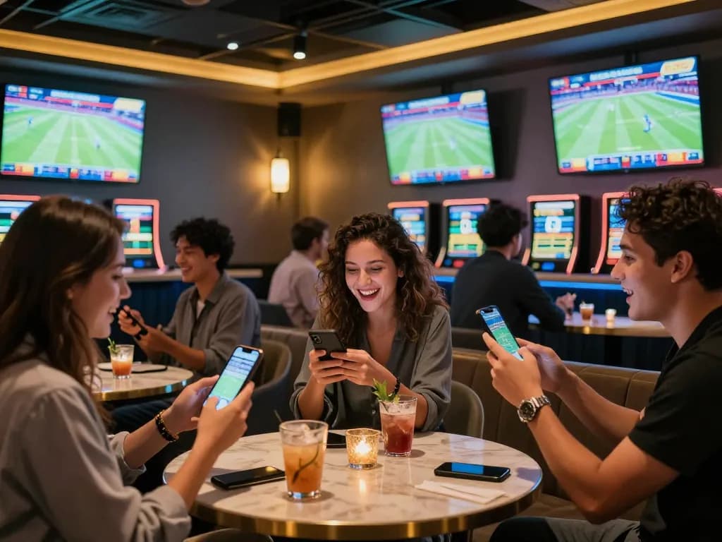 SBOBET enthusiasts cheering and placing bets on live sports events in a vibrant setting