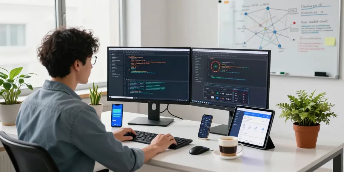 快连 application showcased on multiple monitors in a modern tech workspace, emphasizing coding and network analytics.