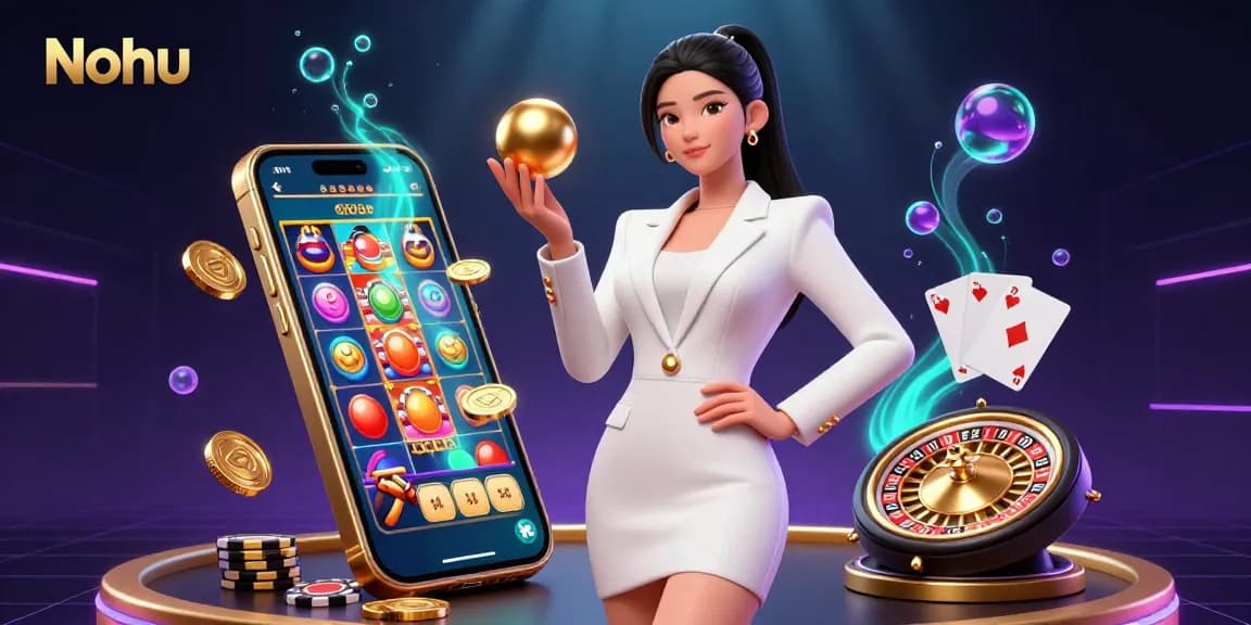 Nohu showcases an elegant Asian woman confidently holding a roulette ball amidst vibrant casino elements.