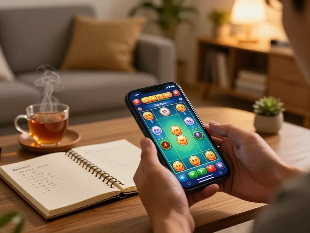 Xóc đĩa gameplay on smartphone in a cozy living room setting with strategic notes and warm lighting.