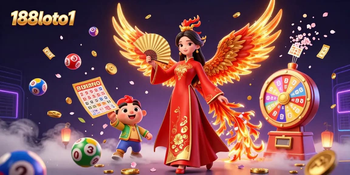 Experience the vibrant energy of 188loto1 with a stunning 3D illustration featuring lottery elements and a graceful woman.