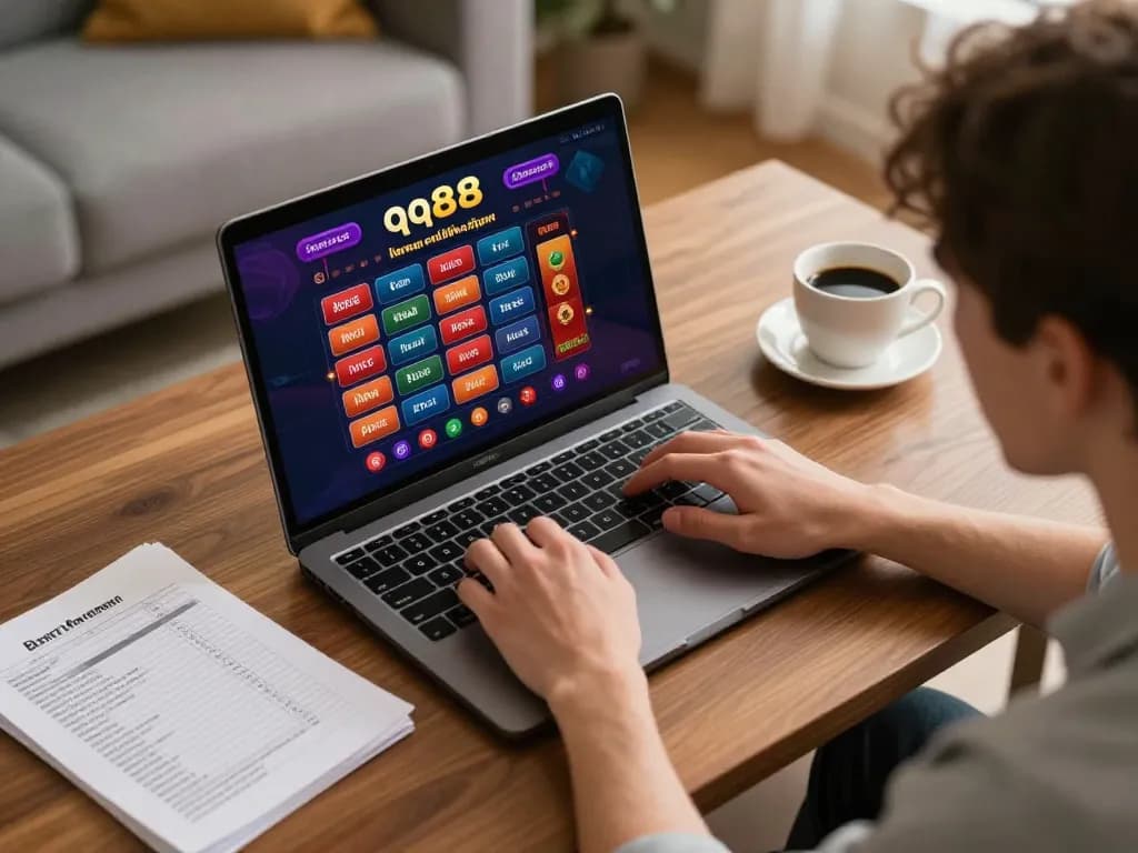 Person engaging with qq88 online casino interface on laptop, showcasing strategic gameplay and cozy atmosphere.