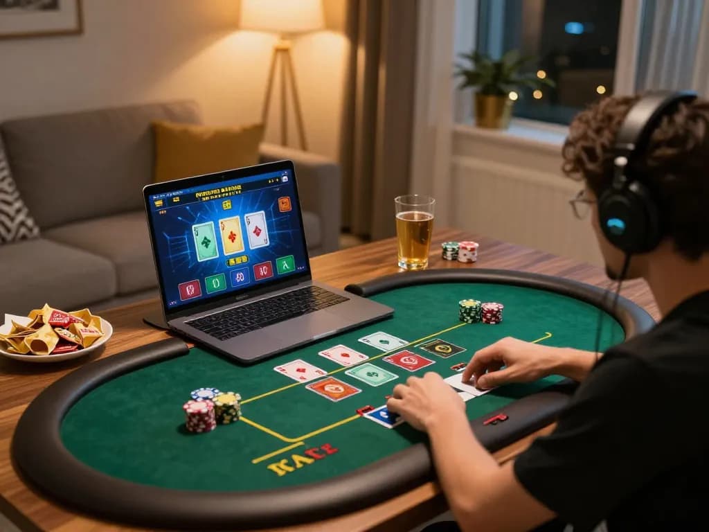 Player enjoying rikvip live casino game on a laptop at home, creating a cozy gaming atmosphere.