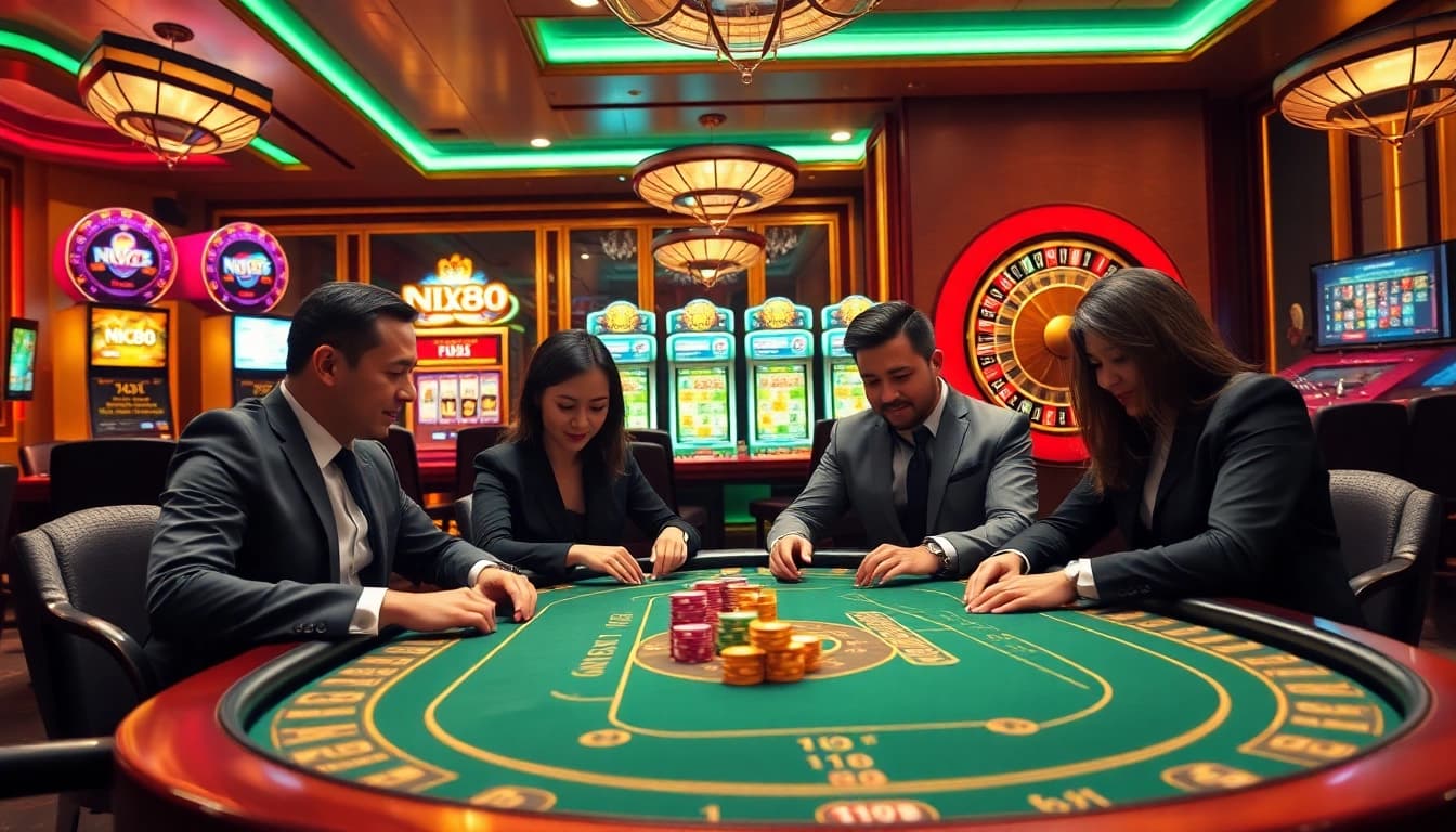 NK88 poker table scene with vibrant chips and cards, evoking excitement in a luxurious casino.
