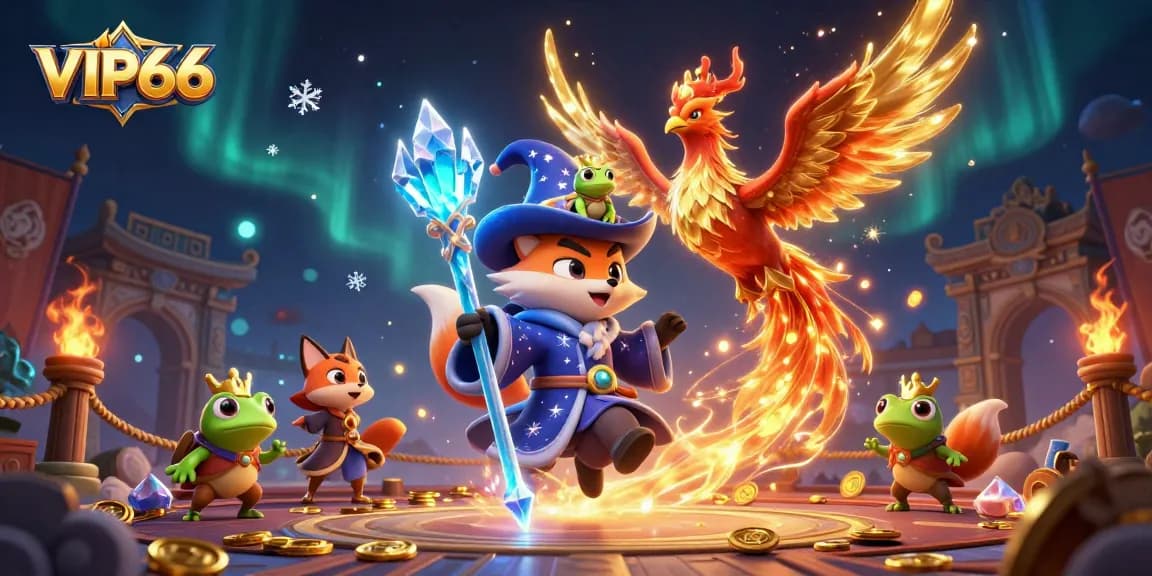 Engage with VIP66 casino's vibrant atmosphere as a magical wizard fox and phoenix enchant players amidst swirling coins and fire.