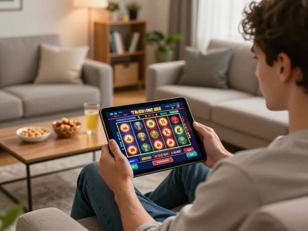 Engaging gaming session at home showcasing casino online gratis senza registrazione, with player using tablet for slots.