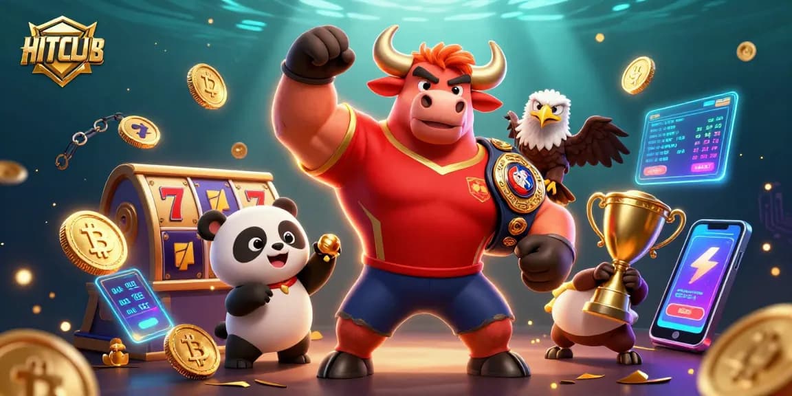 HITCLUB celebrates big wins with a vibrant 3D scene of slot games, Bitcoin coins, and lively characters.