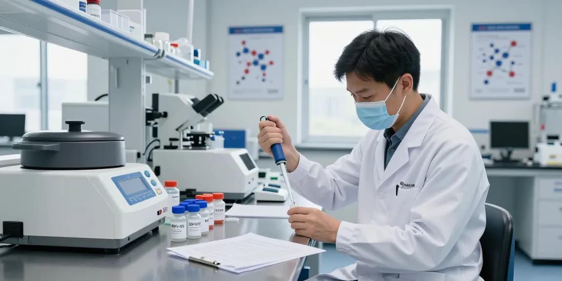 SwissChems Peptides research setup in a modern lab, showcasing scientist measuring peptides with precision.