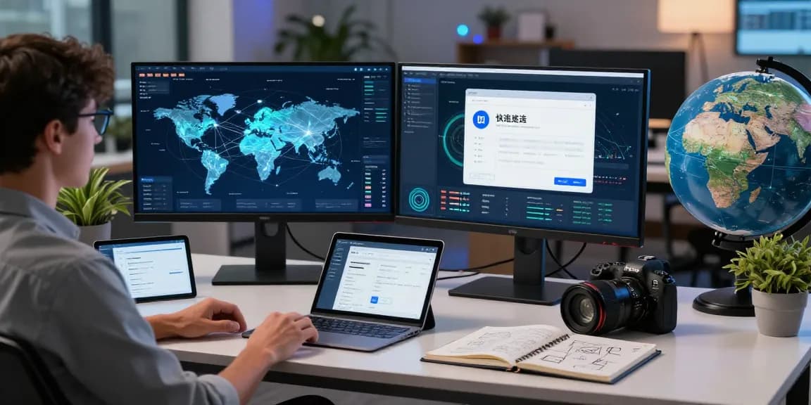 快连 network optimization expert analyzing global connections in a modern tech workspace.