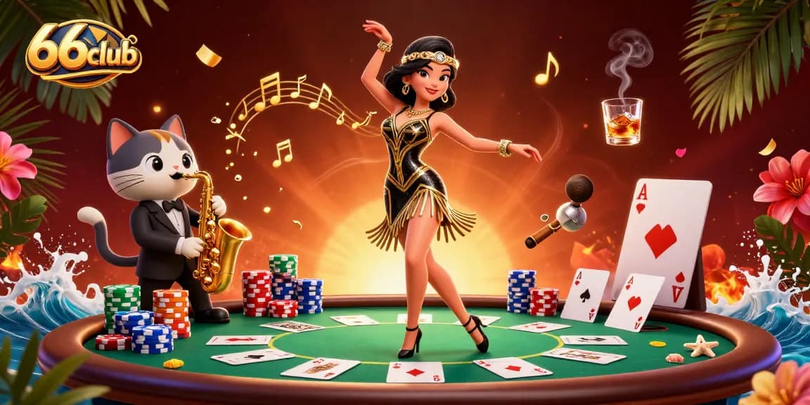 Engage with 66club's thrilling atmosphere featuring cards and characters in a dynamic casino scene.