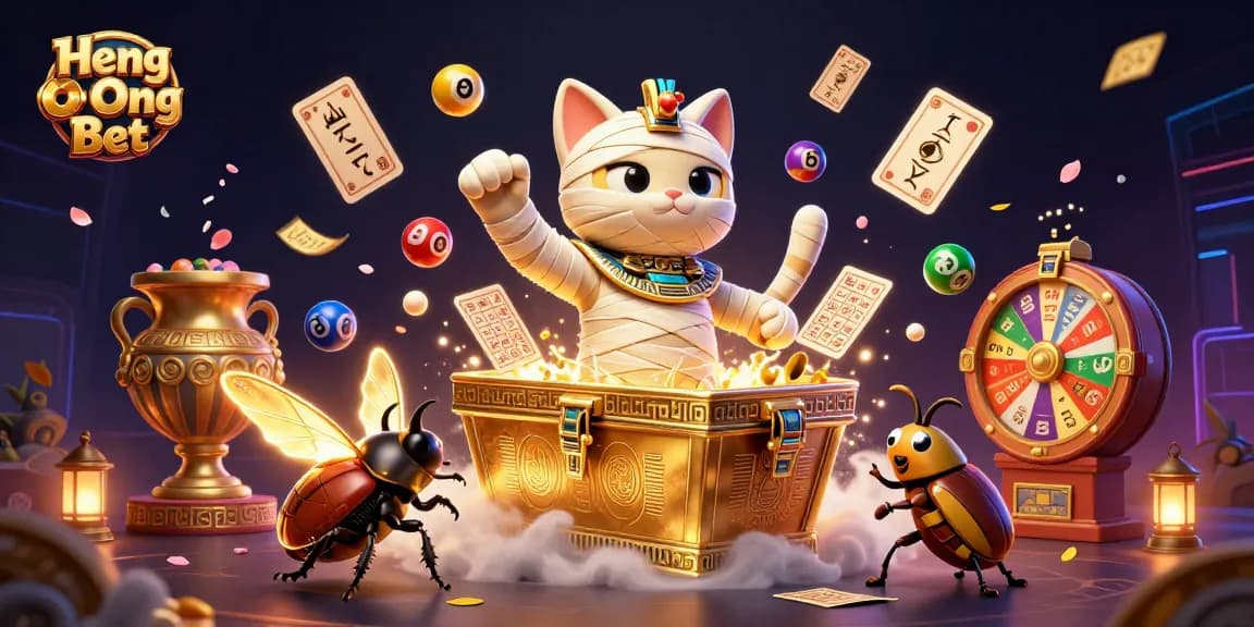 Immerse yourself in the exciting world of Heng Ong Bet with this vibrant casino scene featuring a mummy cat and a scarab beetle.
