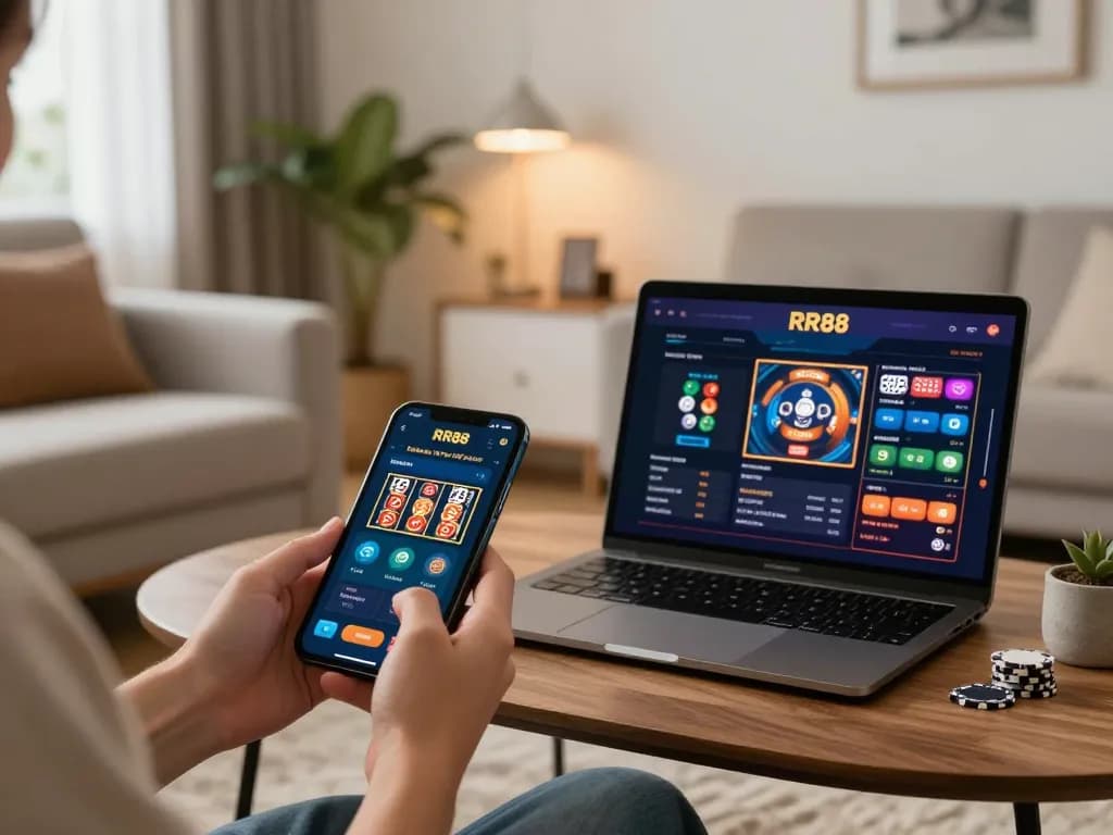 Engage with the RR88 App for seamless online gaming experience in a cozy home setting.