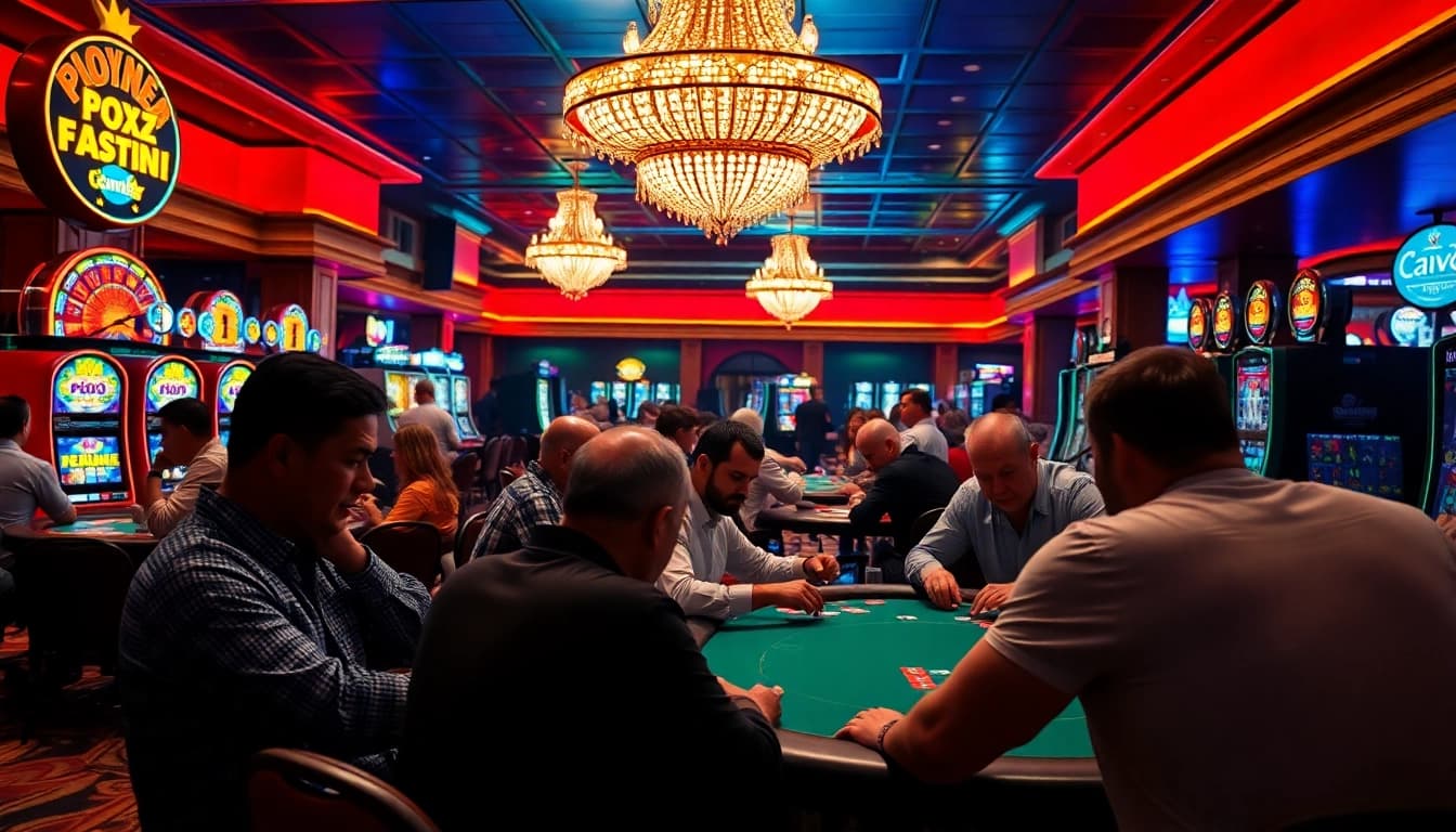 Mainkan jutawanbet di kasino yang ramai dengan pemain di meja poker.