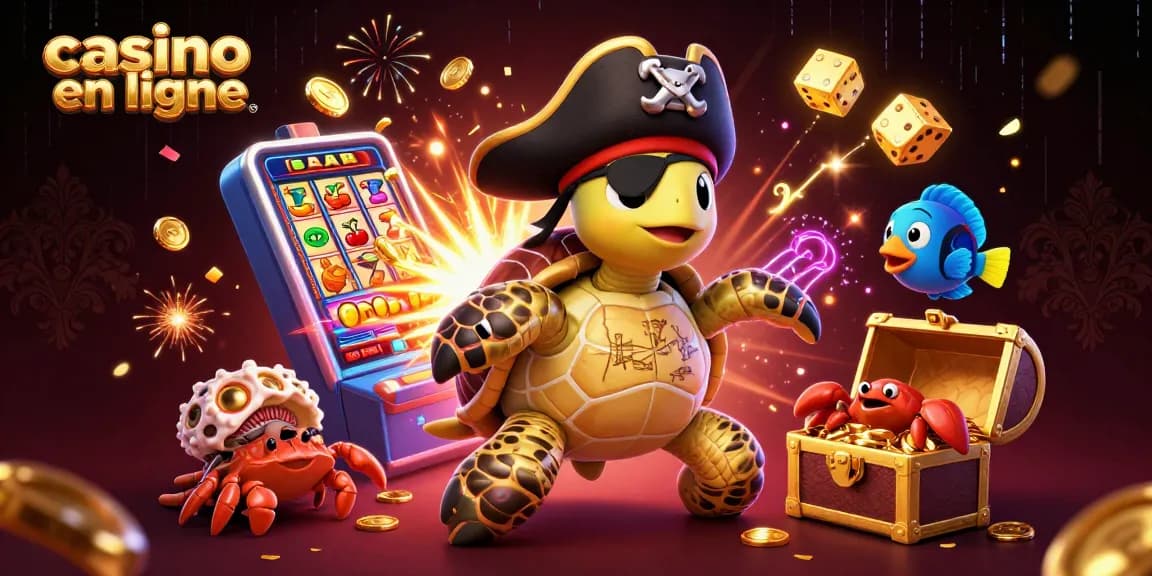 Vivez l'excitation palpitante du casino en ligne avec une tortue pirate et des trésors dorés dans une scène 3D vibrante.