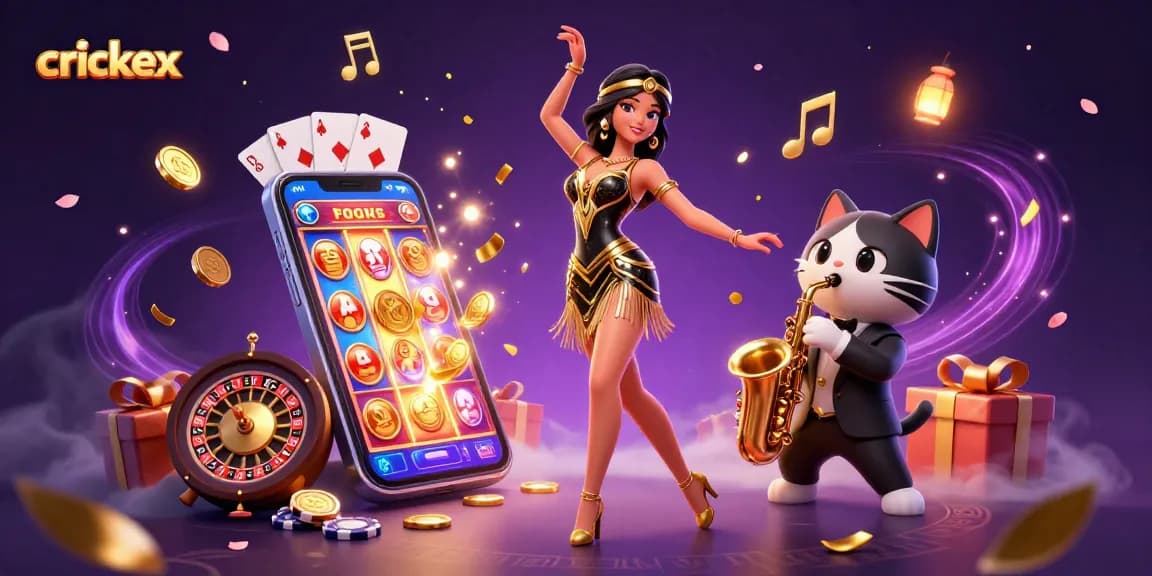 Play slots and win big with Crickex, featuring dazzling characters amid swirling casino elements.