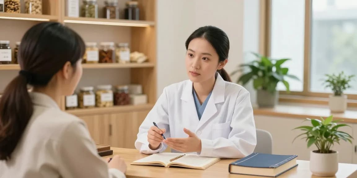Consultation at 수원한의원 showing a practitioner advising a patient with herbal remedies.