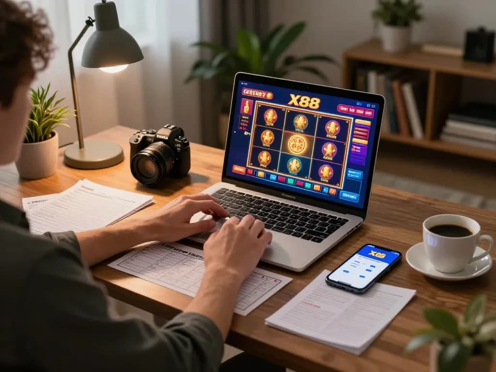 X88 players engaged in strategic online gaming with laptop and notes in a cozy setting