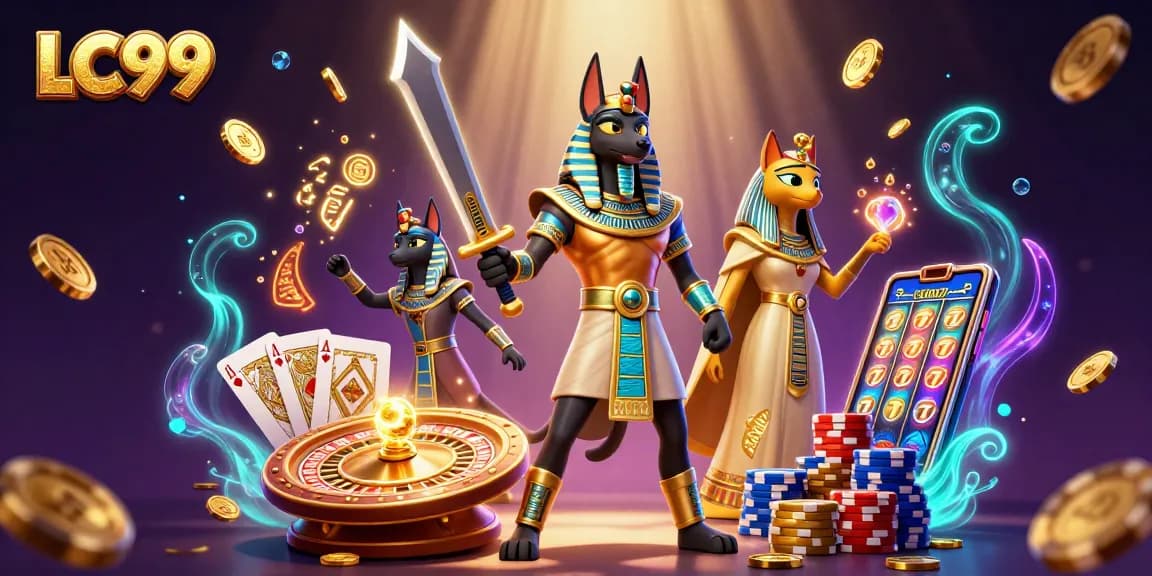 Experience the thrill of gaming at LC99 with vibrant roulette wheels and glowing treasures.