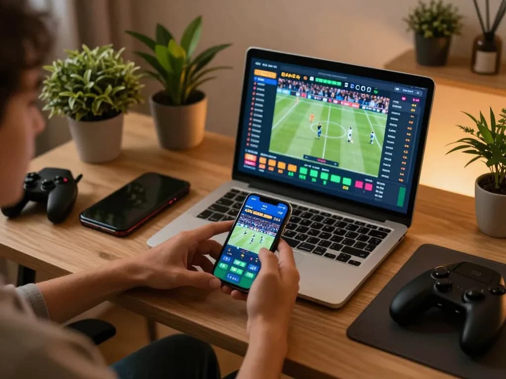 Engaging in sports betting on Trang chủ Bet88, showcasing live odds and events on mobile and laptop.