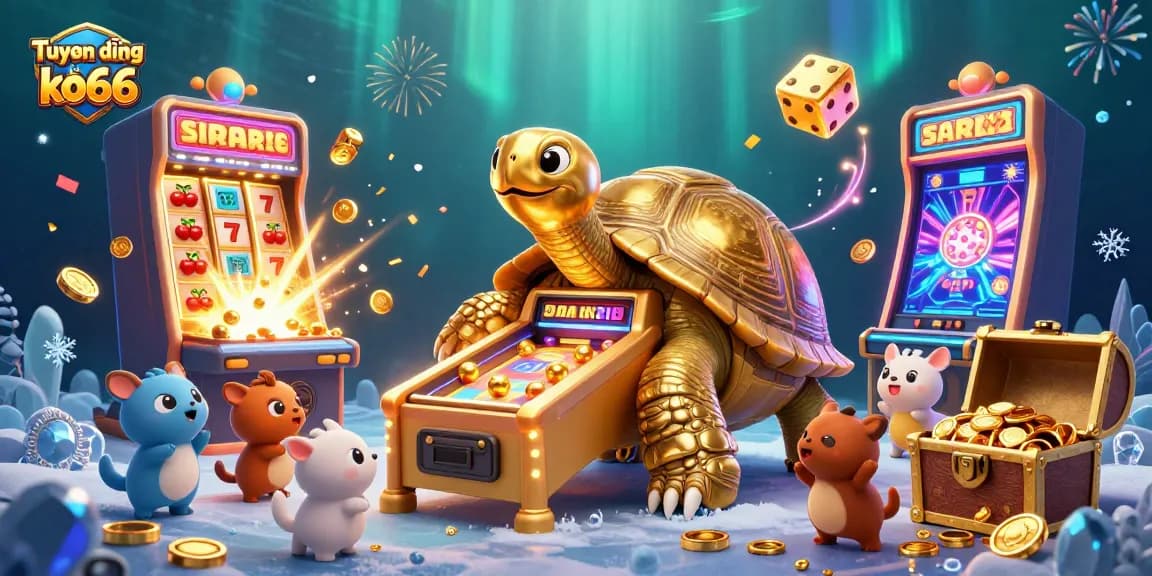 Tuyển dụng ko66 showcases an exciting scene of a golden tortoise pinball machine filled with engaging casino elements.