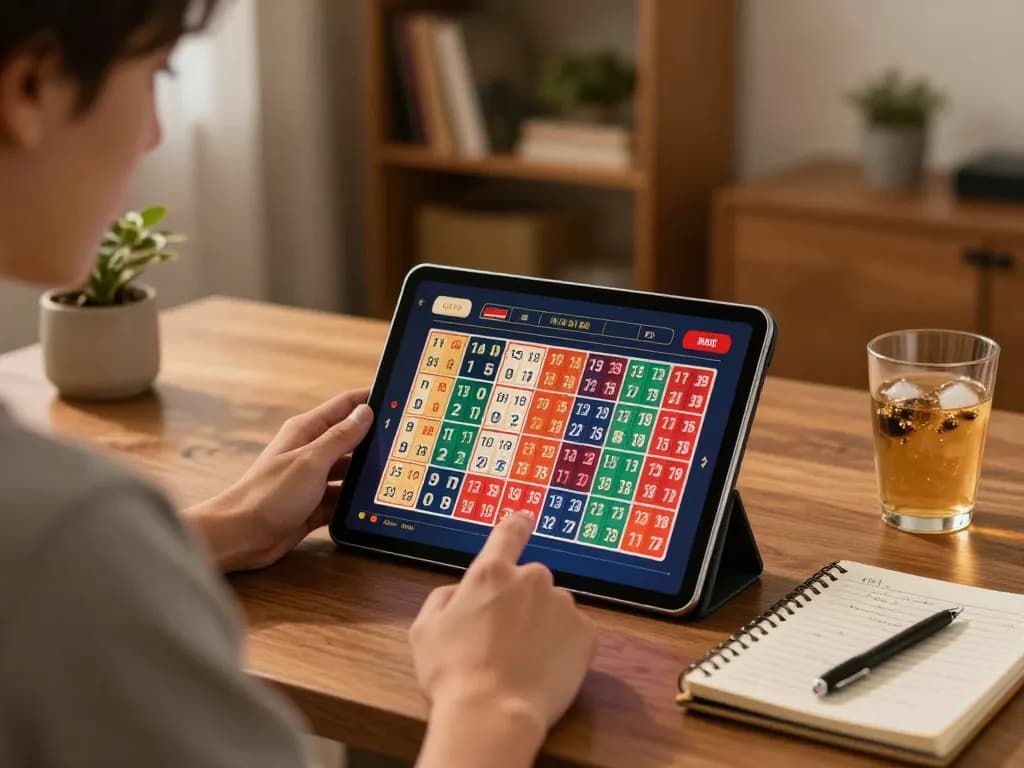 Engaging in toto togel gameplay on a tablet in a cozy home setup, showcasing strategic gambling.
